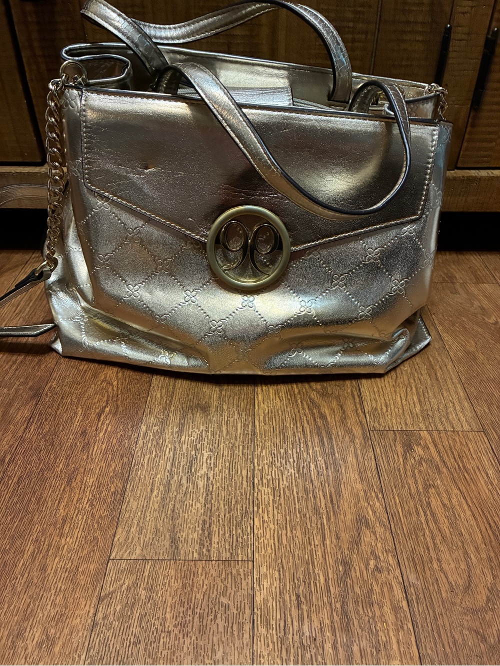 Metallic Gold Women's Tote Bag with Chain Accent